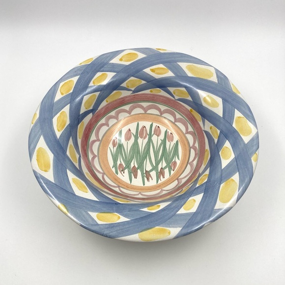 Mackenzie-Childs VTG 12” Bowl Aaslmeer with Tulips & Geometric CrisscrossPattern - Picture 6 of 7
